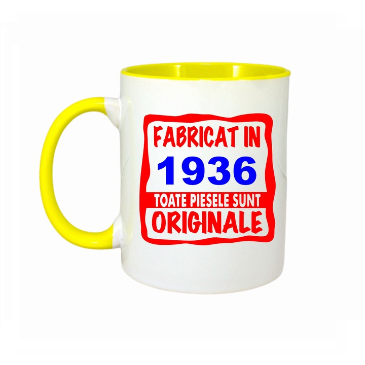 Cana personalizata cu textul Fabricat in 1936 toate piesele sunt originale, ceramica, 330 ml, maner si interior galben