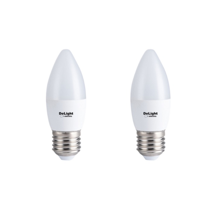 Set 2 becuri Led Lumanare E27, model C37, 6W=50W, 6400K, lumina rece