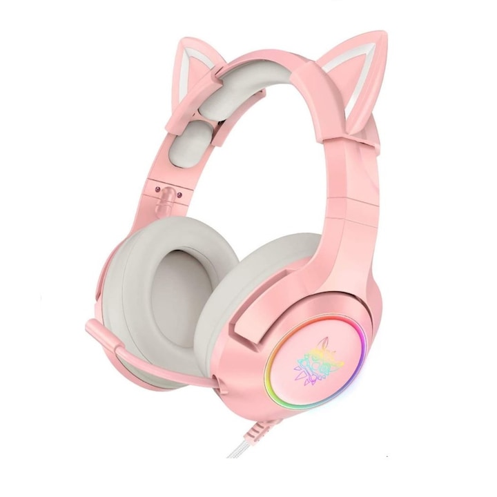 Casti de gaming roz cu microfon, fete femei casti urechi de pisica 3,5 mm compatibile cu PC PS4 PS5 Xbox One (fara adaptor) smartphone cu sunet surround casti pentru jocuri cu anulare a zgomotului RGB