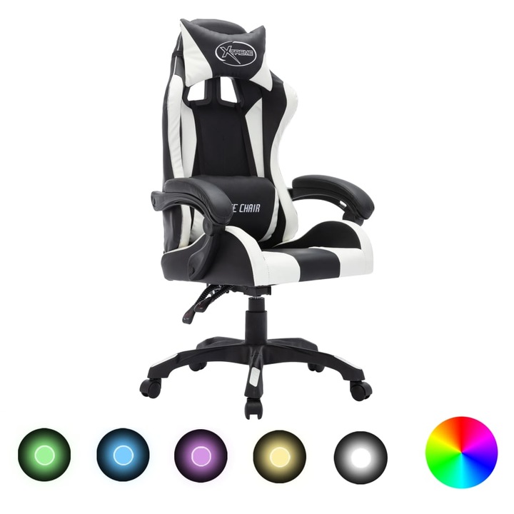 Геймърски стол vidaXL, RGB LED осветление, бяло/черно, изкуствена кожа
