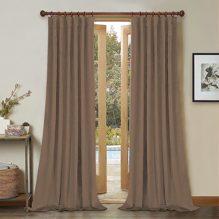 Draperie din catifea cu rejansa din bumbac tip fagure, Madison, 200x220 cm, densitate 700 g/ml, Coffee, 1 buc