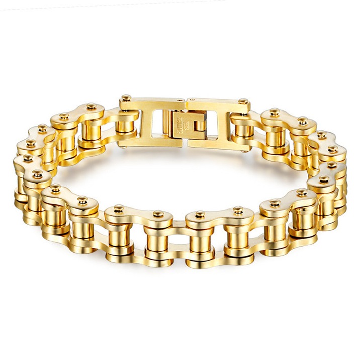 Мъжка гривна от неръждаема стомана Tessero, с шарка на верига на двигател, 18K златно покритие, златиста