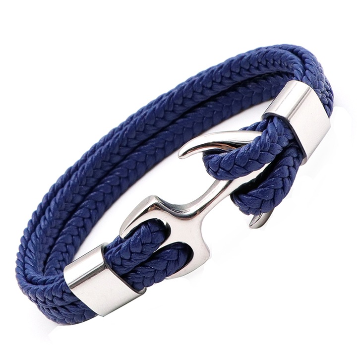 Tessero szőtt természetes bőr karkötő, rögzítés rozsdamentes acél dübel, 20 cm, kék és ezüst