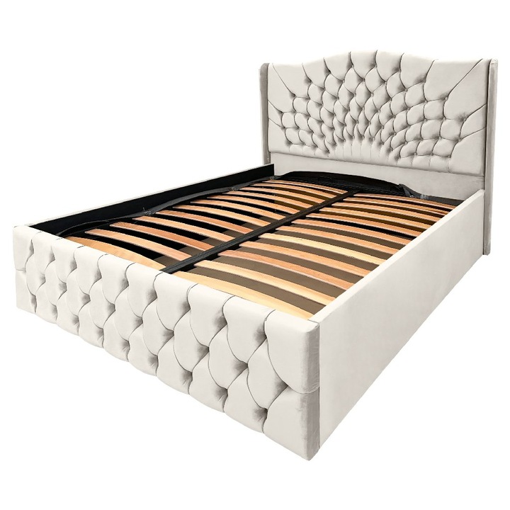 Двойно тапицирано легло, перлено бяло, Royal, с място за съхранение и повдигаща се подматрачна рамка, 160x200