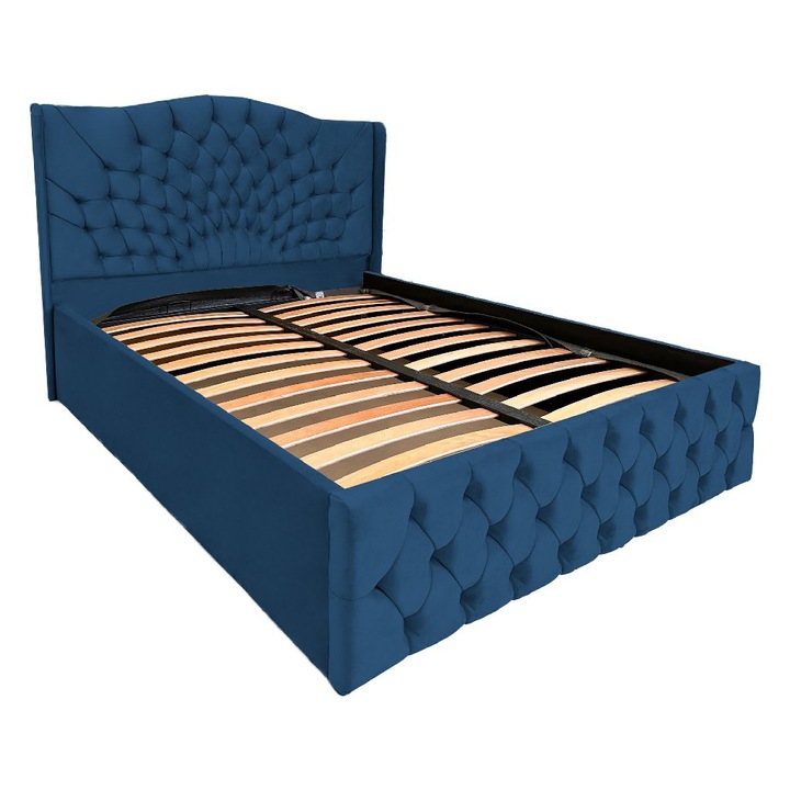 Pat Royal dublu cu somiera si spatiu de depozitare, albastru inchis, F20, 120x200 cm