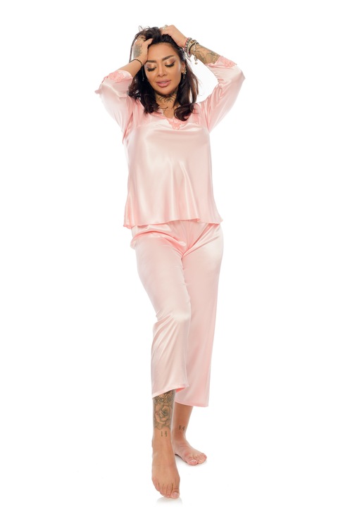 Pijama dama, satin cu dantela, 2 piese, maneca lunga, Roz pudrat