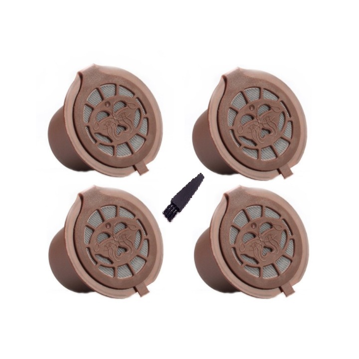 4 db Nespresso kávékapszula készlet kefével, új generációs, újratölthető / mosható, barna / ezüst kupak, rozsdamentes acél / műanyag, barna