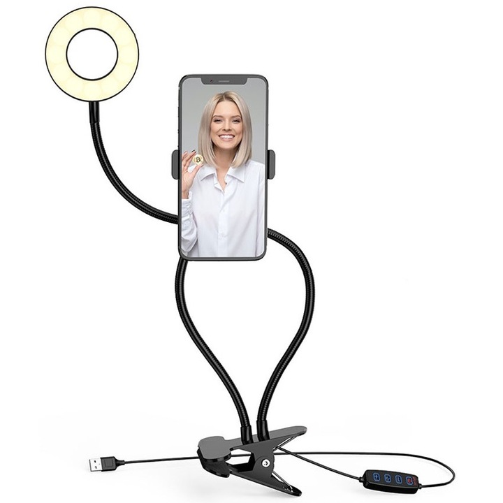 Lampa inel cu suport pentru telefon, 10W, 3 moduri de temperatura de culoare, Negru