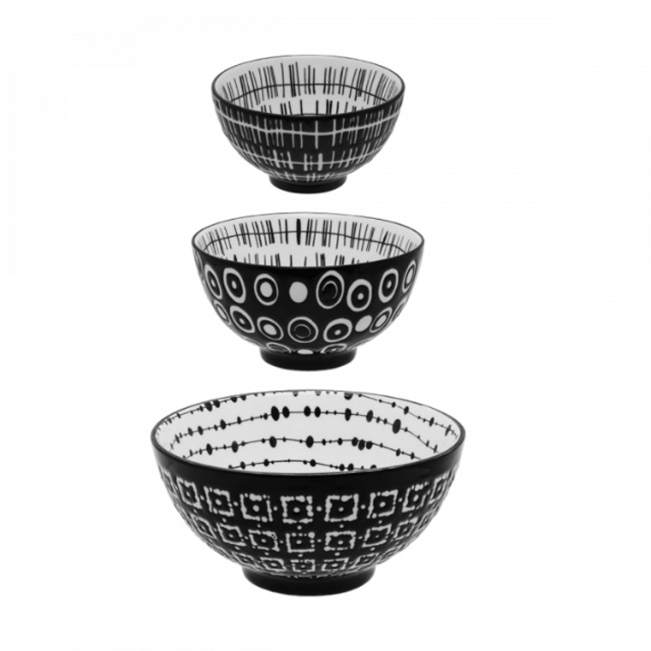 Set 3 boluri pentru cereale Basic Dots, Portelan, Negru