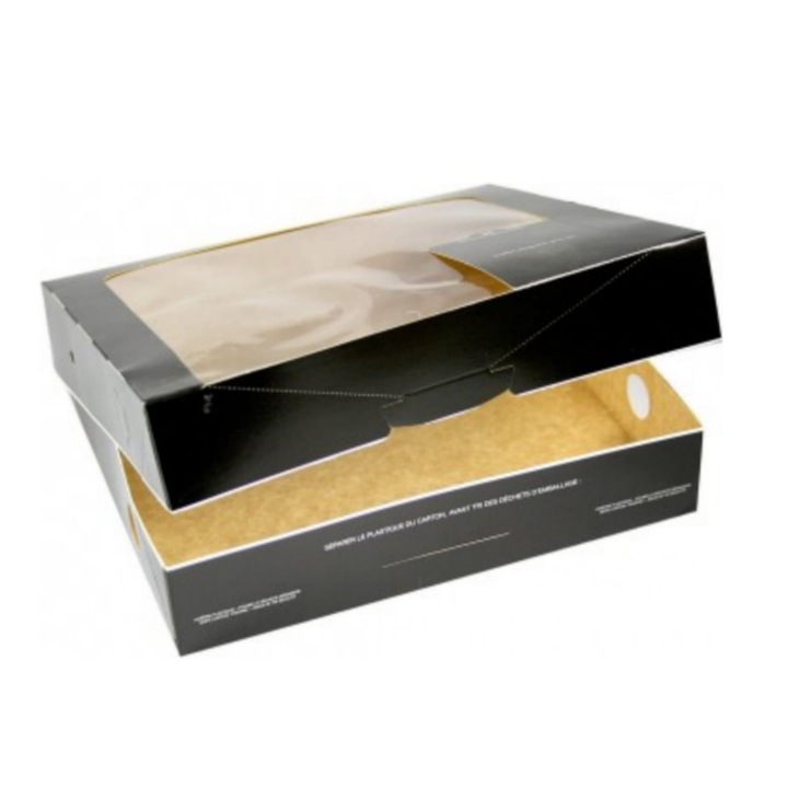 Set 50 cutii carton cu fereastra pentru prajituri negru, 50 buc, 25x25x5 cm
