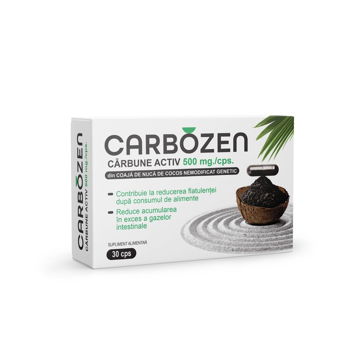 Carbozen, carbune activ 500 mg, din coaja de nuca de cocos nemodificat genetic, Rotta Natura, 30 capsule