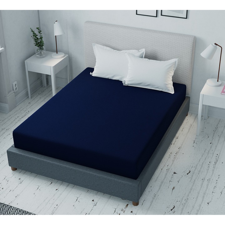 Cearceaf de pat bleumarin cu elastic Evostar, 160x200x25, tesatura rigida bumbac 100%