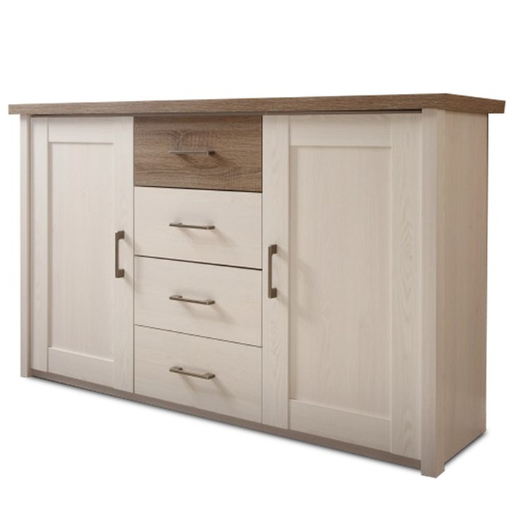 Komód, 2 ajtós, 4 fiókos, MDF fehér fenyő, sonoma tölgy, truffle, Lumera 150x42x90 cm