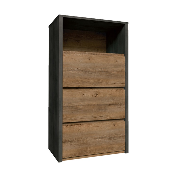 Comoda gri, stejar lefkas inchis, din PAL melaminat si canturi ABS, cu 3 sertare si un spatiu deschis, dormitor, living, hol, 50x103x46 cm