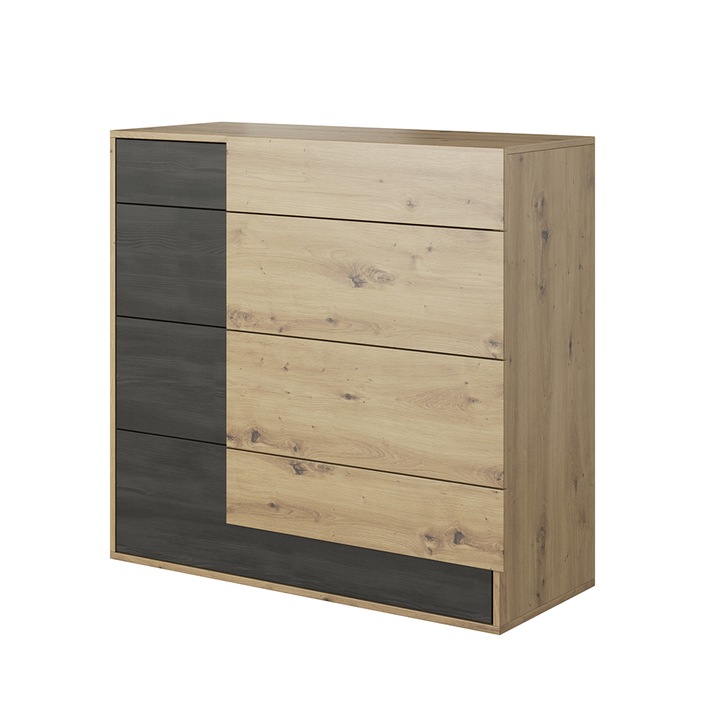 4 fiókos komód mdf kézműves tölgy norvég fekete fenyő Bafra 100x40x90 cm