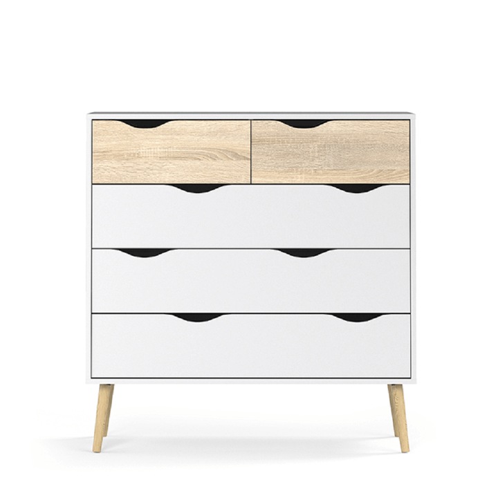 Komód, 5 fiókos, fehér sonoma tölgy mdf, Oslo, 99x39x101 cm
