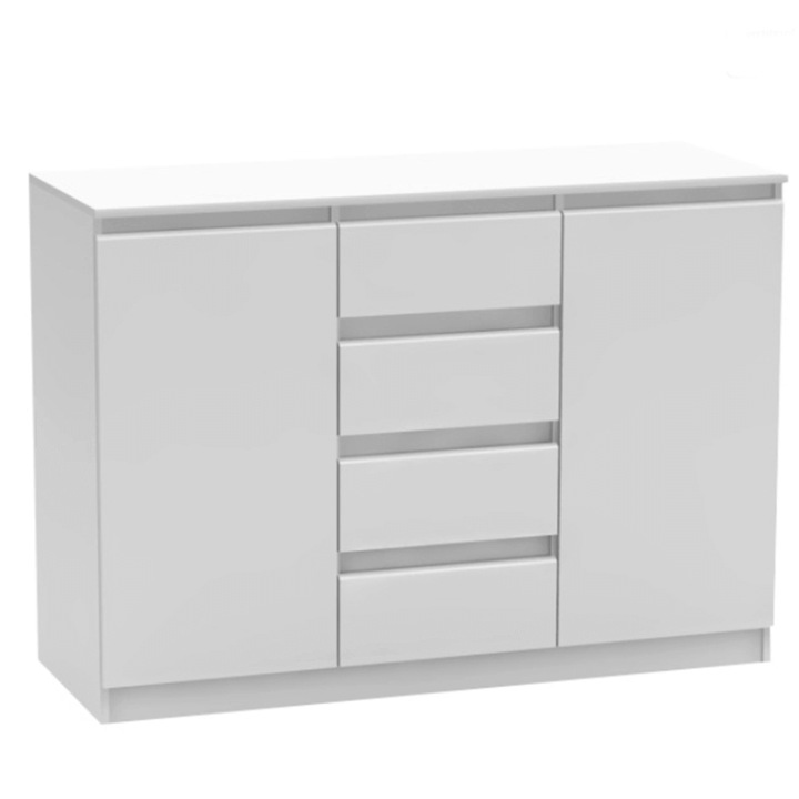 Comoda cu 2 usi si 4 sertare din mdf alb Hany 134x49x95 cm