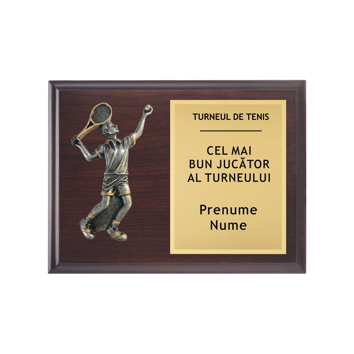 Cadou Placheta pentru "Cel mai Bun Jucator de Tenis", cu Placuta Metalica Aurie si Figurina de Rasina Argintie, 20/15cm