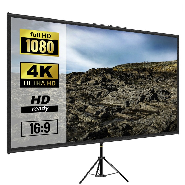 Ecran de proiectie 80", 16:9, 4K HD, cu trepied