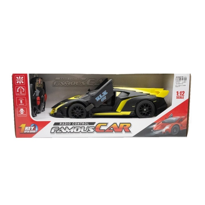 Masinuta cu telecomanda Famous Car, metal/plastic, galben/negru, acumulator, incarcator incluse, 3 ani