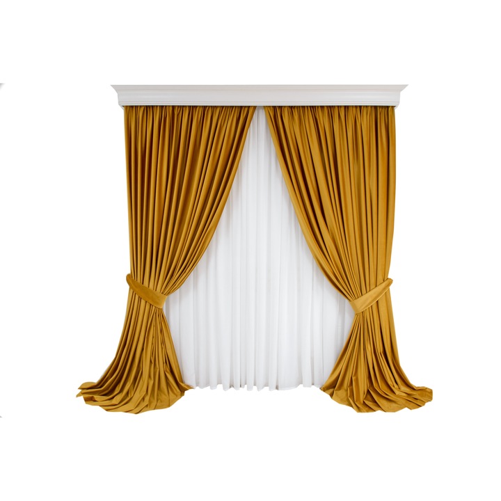 Set de 2 draperii din catifea, galben mustar, cu rejansa, semiopace , 140x250 cm