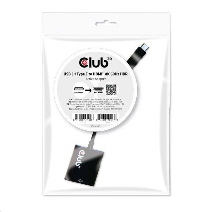 Адаптер CLUB3D, USB-C 3.1 към HDMI 2.0, UHD, 4K, 60Hz