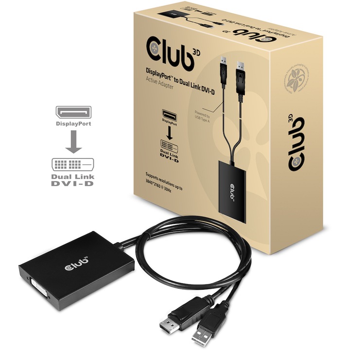 Адаптер CLUB3D, DisplayPort към Dual Link DVI-D, HDCP, ON версия