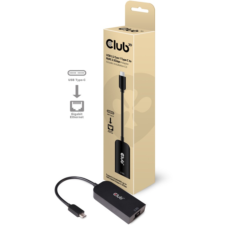 Адаптер CLUB3D, USB-C 3.2 Gen1 към RJ45, 2.5Gbps
