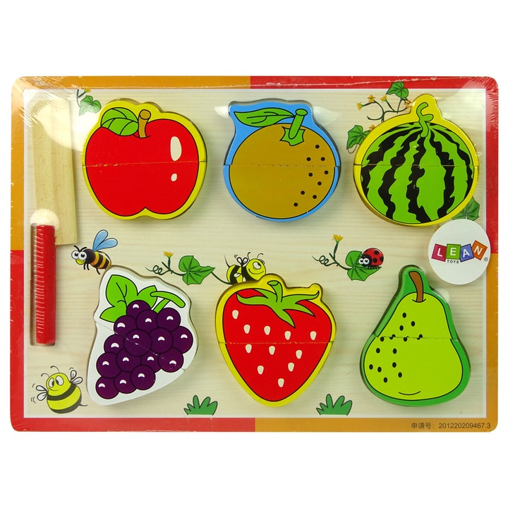 Set de taiat fructe, Lean Toys, Lemn, Varsta 3+ ani, 30x23x3 cm, 8 piese, Multicolor