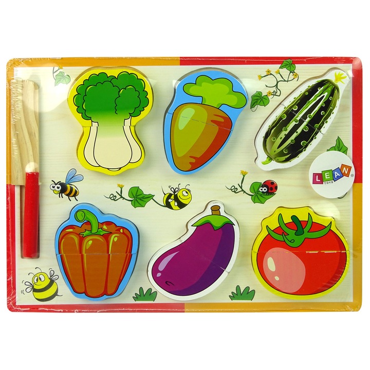 Set de taiat legume, Lean Toys, Lemn, Varsta 3+ ani, 30x23x3 cm, 8 piese, Multicolor
