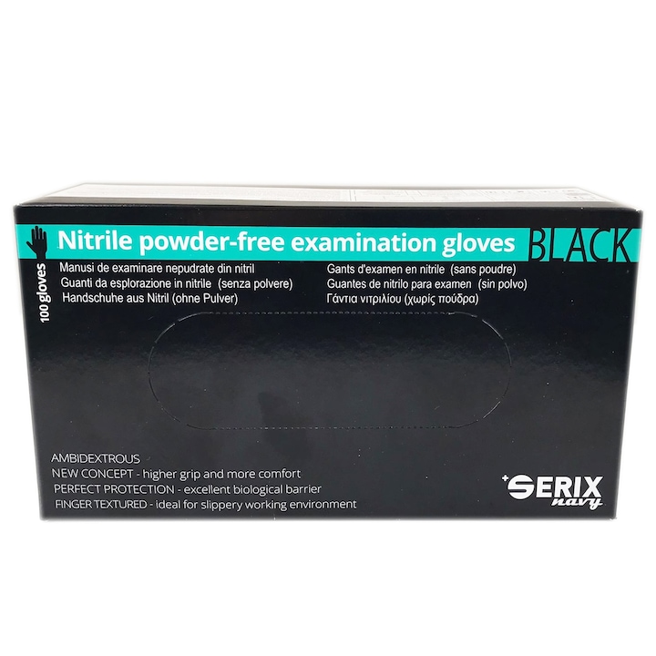 Serix nitril kesztyű, 100 db-os doboz, orvosi, eldobható, texturált, púdermentes, fekete, M-es