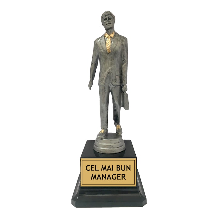 Cadou, Trofeu "Cel mai Bun Manager", din Rasina Argintiu, cu Soclu din Plastic Negru,20cm