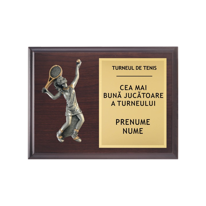 Cadou Placheta pentru "Cea mai Buna Jucatoare de Tenis", cu Placuta Metalica Aurie si Figurina de Rasina Argintie, 20/15cm