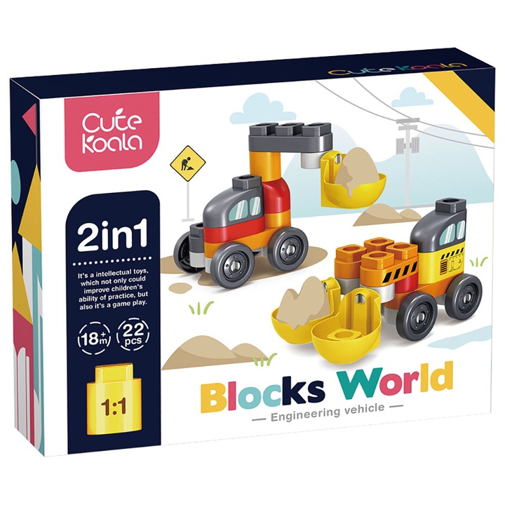 Set constructie 2 in 1 cu 22 piese mari vehicule, Cute Koala