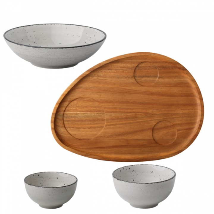 Set Flow, 4 buc, Boluri Gaya Atelier/Tava Agate, Portelan/Lemn, Gri pepit/Natur