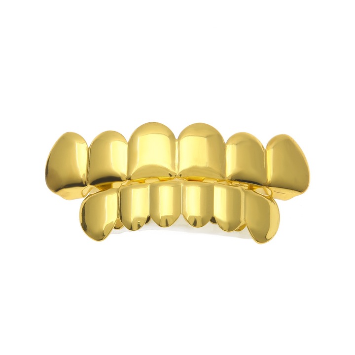 Set de doua fatete pentru dinti, superior si inferior, model Grillz Hip Hop, placate cu aur 18K, auriu, Tessero