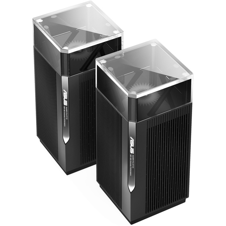 Sistem Wi-Fi Mesh ASUS ZenWiFi Pro ET12 (2-PK), AXE11000, Tri-Band, acoperire 610m², Quad-Core 2.0GHz CPU , 256MB/1GB Flash/RAM, 2.5G dual-port, AiProtection Pro, Adaptive QoS, VPN server/client, IPTV, OFDMA, Beamforming, Link Aggregation, AiMesh