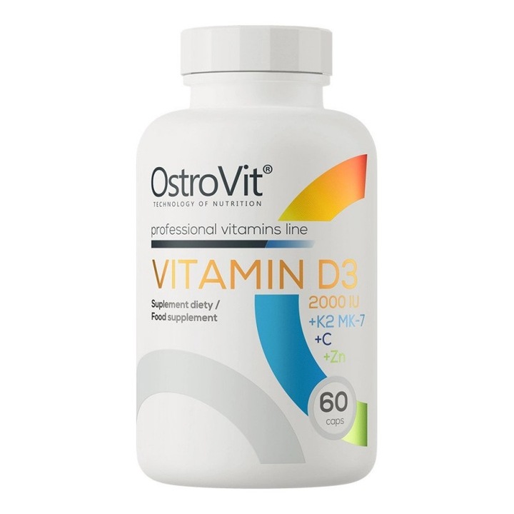 Хранителна добавка OstroVit Витамин D3 2000 IU + K2 MK-7 + C + цинк, 60 капсули