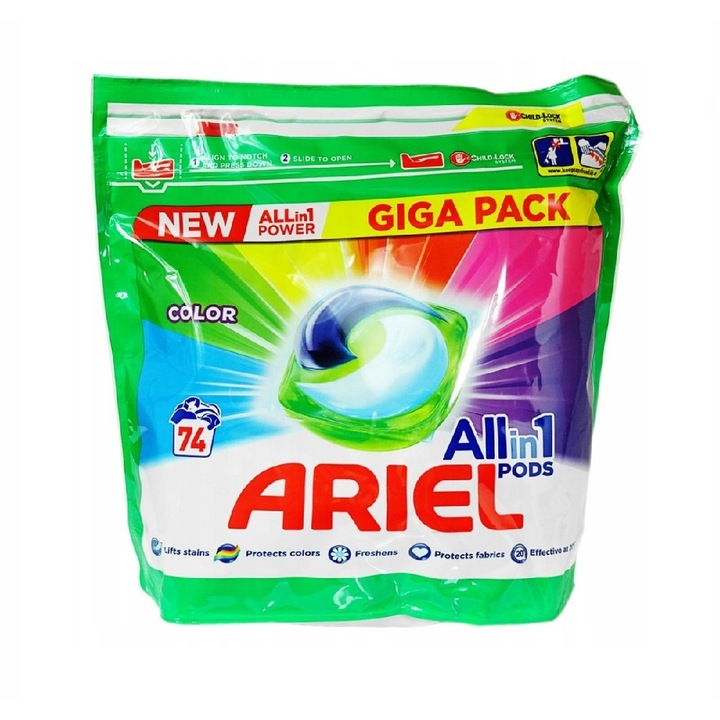 74 db Ariel Color All in 1 hüvely színű mosószer-kapszula mosógépekhez, mosószer-kapszulákhoz