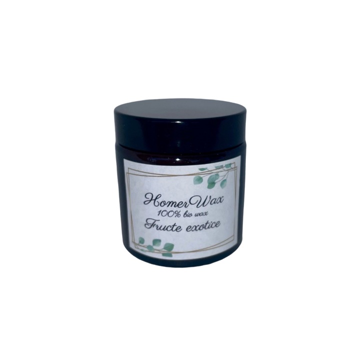 Ароматизирана свещ от натурален соев восък, буркан от кехлибар, ръчна изработка, аромат на екзотичен плод, 110 гр.