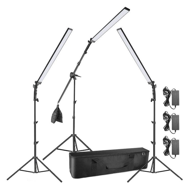 Kit 3 lumini LED pentru studio foto, video, lumina alba, intensitate reglabila, 5500K