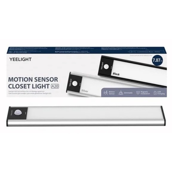 Lampa magnetica Xiaomi Yeelight Closet Light, 20cm, 2700K, 1100 mAh, 45lm, IP20, Senzori, Argintiu
