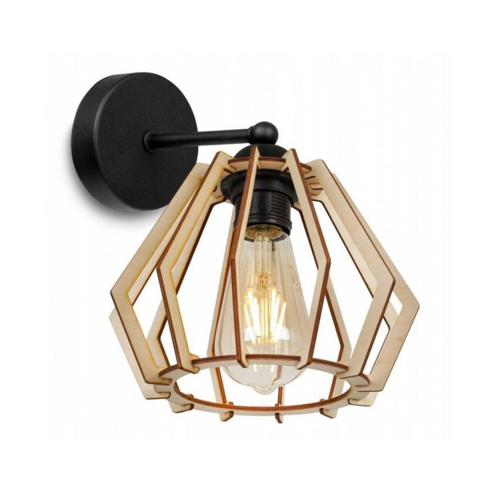 Стенна лампа от дърво, Light Home, Метал/Дърво, E27, LED, Черен/Бежов