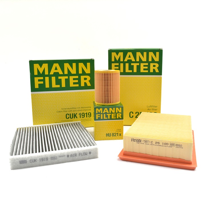 Pachet filtre revizie Opel Astra J 1.4 Benzina 87 cai 100 cai 2009-2015, filtre Mann-Filter, filtru polen cu carbon activ