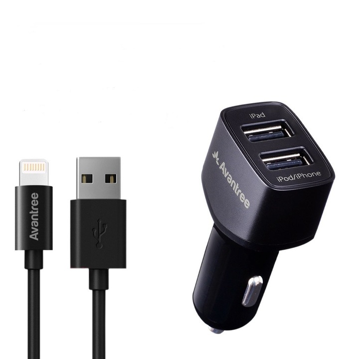 Kit incarcator auto Avantree CGST-22, 2 x USB - 3.4A, cablu Lightning MFI pentru iPhone 8, iPhone 8 Plus, iPhone x