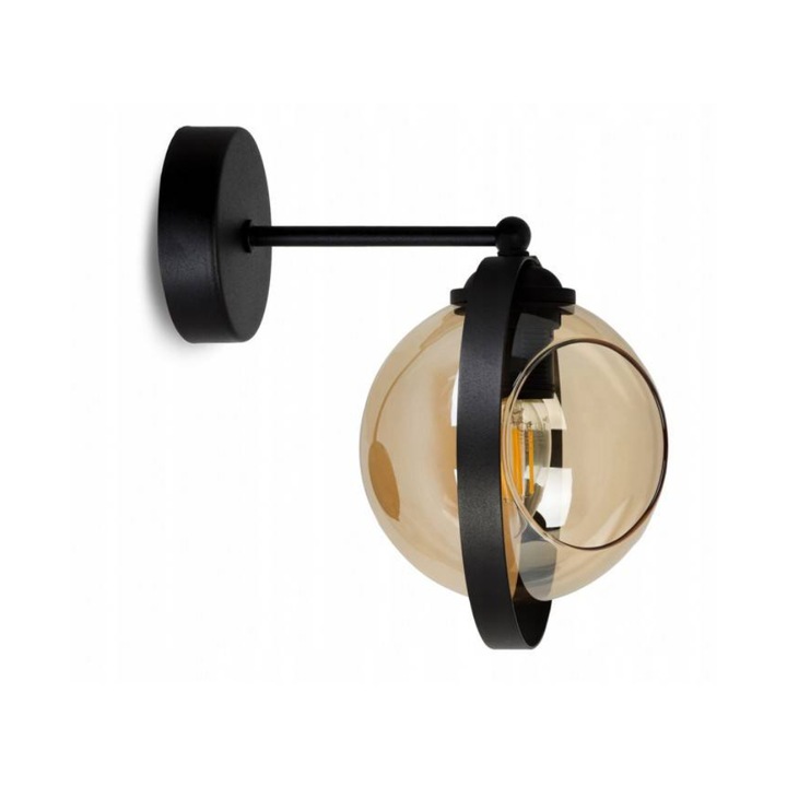 Aplica de perete cu inel decorativ, Light Home, Ring, Desing moderne, E27, Numarul de puncte luminoase 1, Iluminat interior, Latime 14 cm, Lungime 22, Sticla, Negru/Transparent/Galben