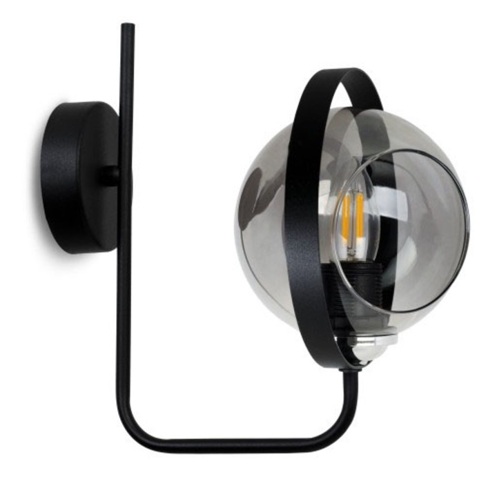 Lampa de perete cu inel decorativ, Light Home, Metal/Sticla, E27, 60 W, Negru/Transparent