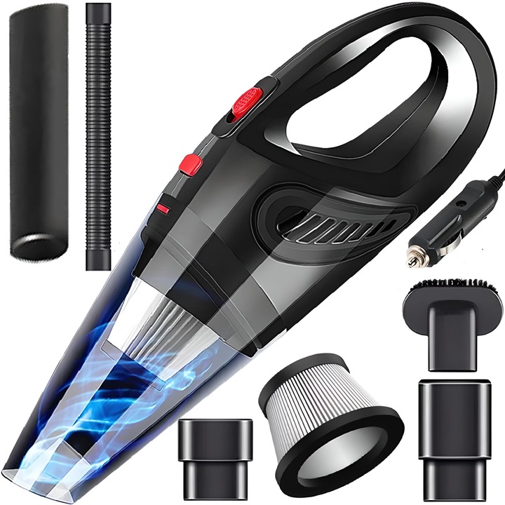 Aspirator Auto Portabil RETOO DriveTech, 120W, 12V, Forta de aspirare 4200 Pa, Filtru HEPA Reutilizabil, Cablu de 3,9m, Dimensiuni 34x10x11cm, Include 3 Capete Interschimbabile si Furtun Elastic, Ideal pentru Curatenia in Masina