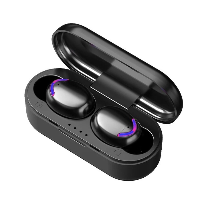 Casti OZ F9 Mini Bluetooth 5.1 Wireless, pana la 6 ore Autonomie, Rezistente la Apa, Senzor inteligent de conectare, Control TOUCH, Anulare zgomot, Activare Vocala SIRI, Sunet 9D HD, Negre