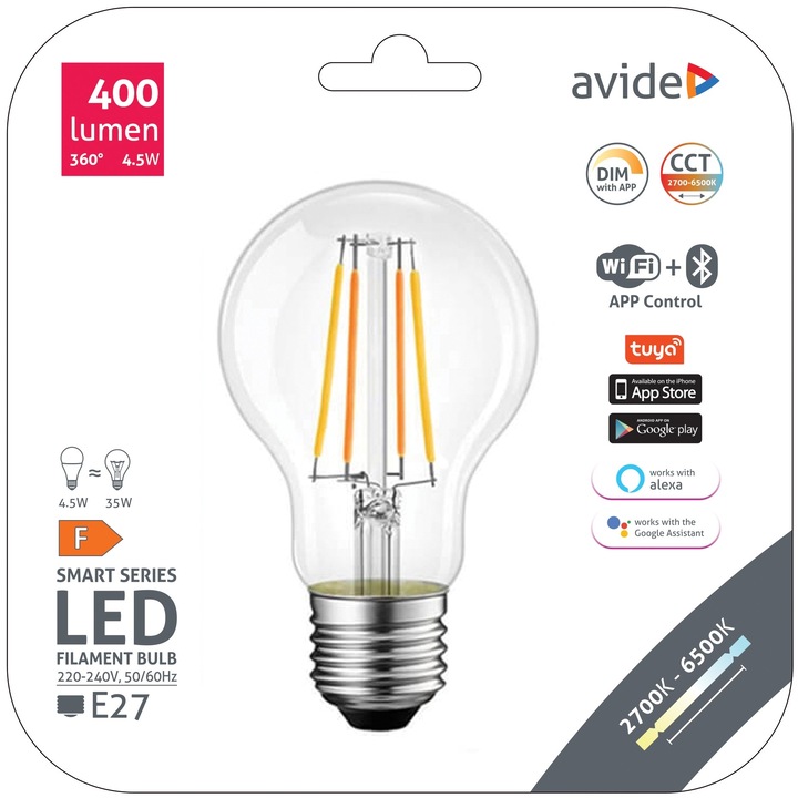 Крушка Avide Smart filament LED, Globe A60, 4.5W, CCT, WIFI + BLE APP управление